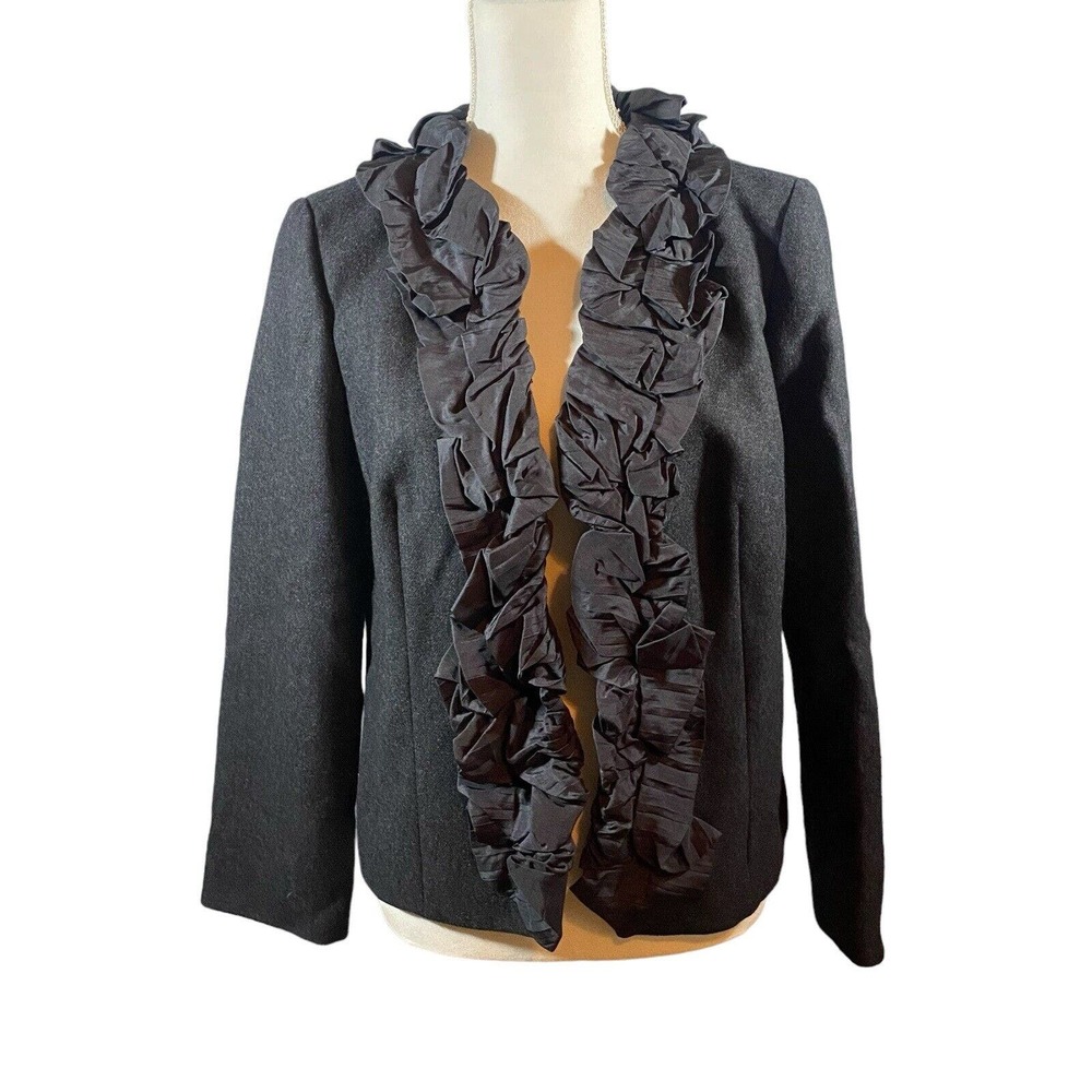 J.Crew 100% Wool Dark Grey Black Silk Trim Ruffle Neck Blazer Jacket Women 6